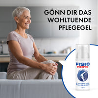 Thumbnail for Ältere Frau sitzt entspannt im Wohnzimmer, rechts Produktabbildung Fisio Forte Pflegegel mit Werbetext