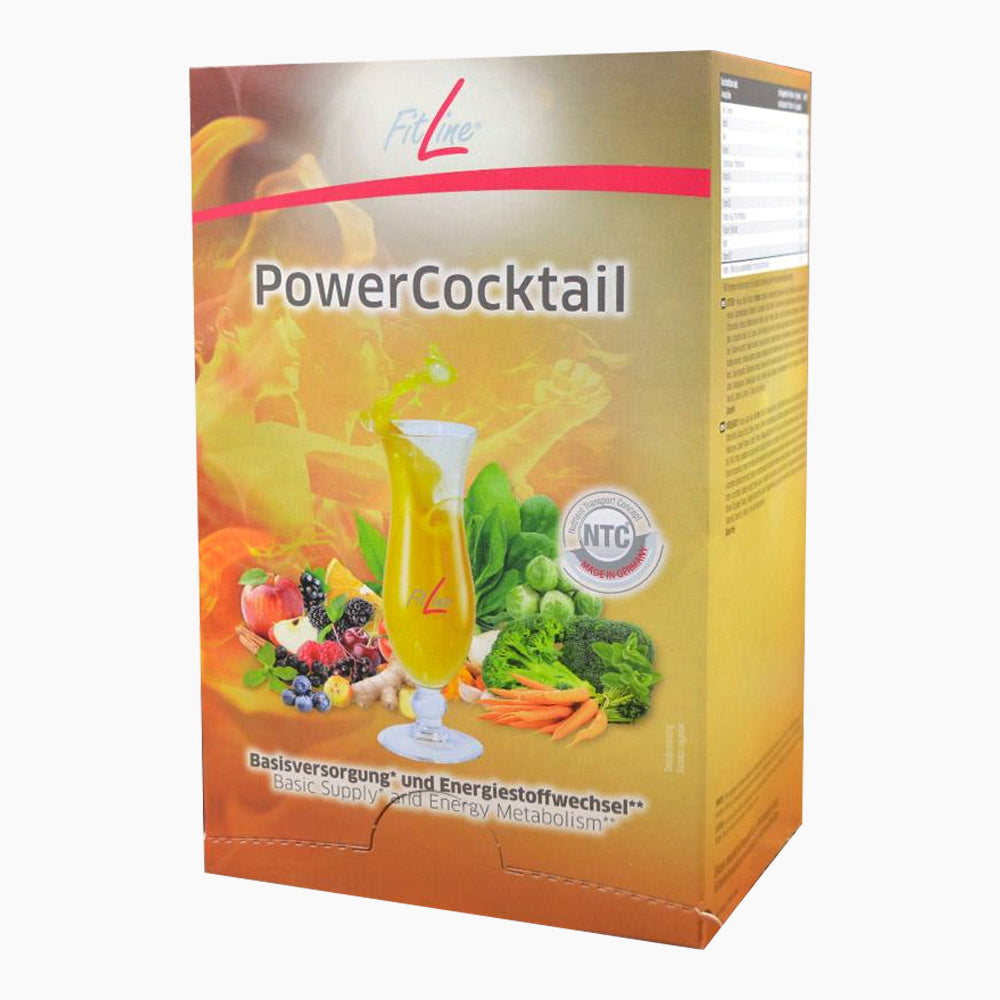 Verpackung FitLine PowerCocktail mit Abbildung eines Getränks und verschiedenem Gemüse