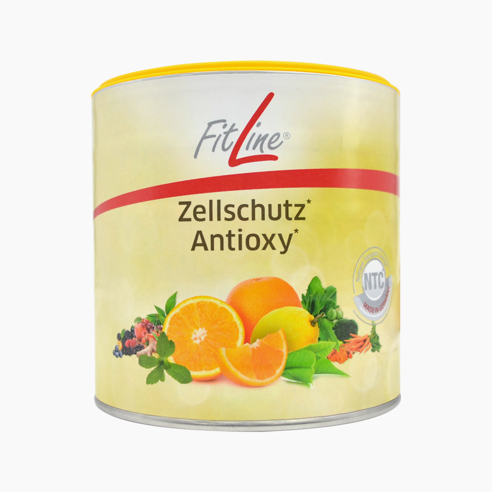 Dose mit gelbem Etikett Zellschutz Antioxy und Abbildung von Orange, Zitrone und Beeren 
