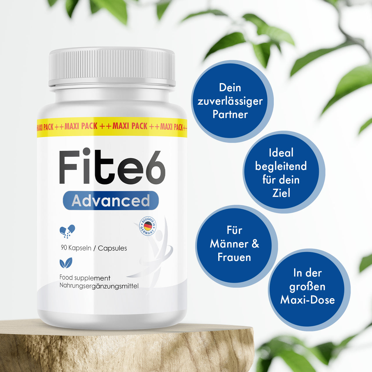 Fite6 Advanced mit 90 Kapseln; sichtbare Werbeaussagen: „Maxi-Dose“ und „für Männer & Frauen“