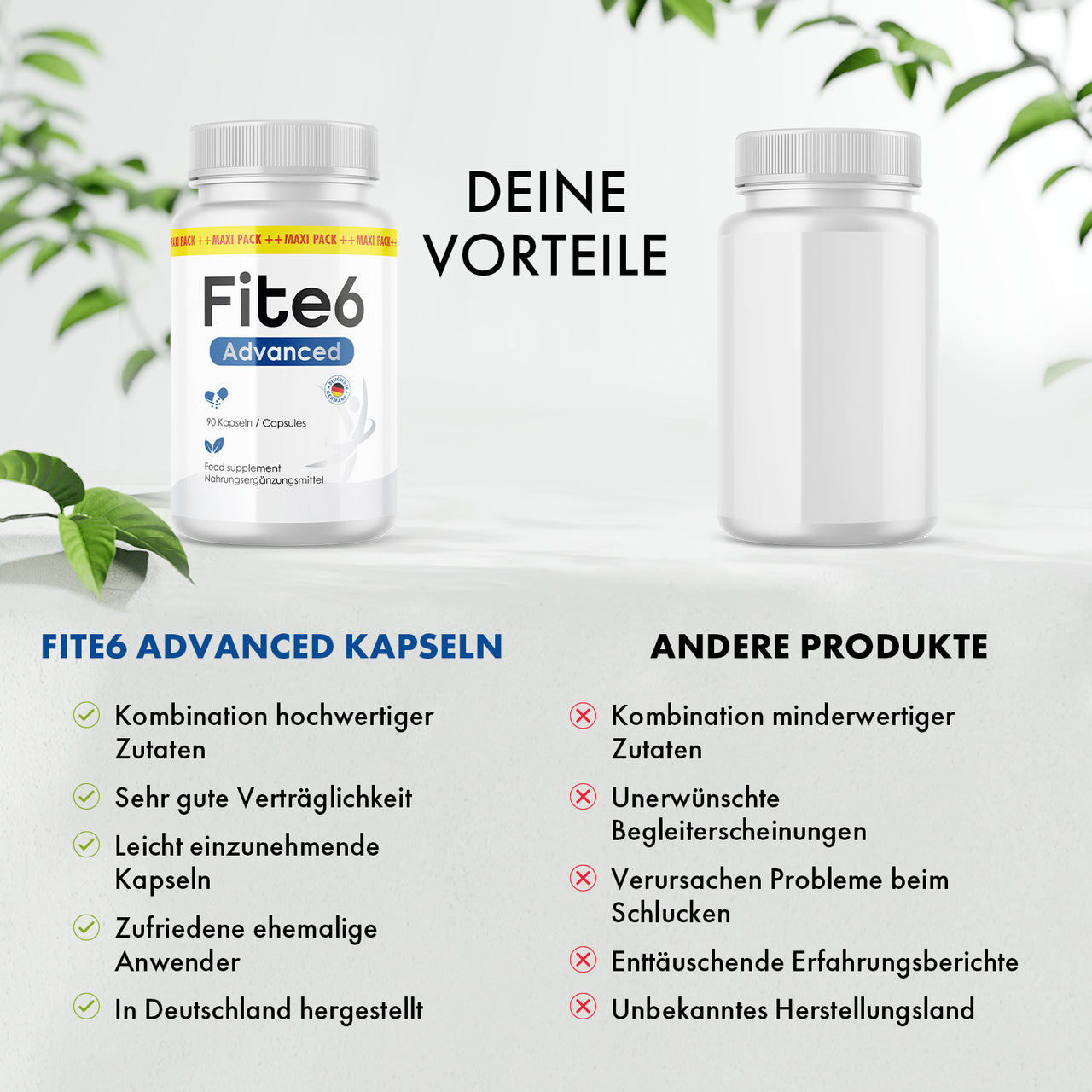 Werbegrafik vergleicht Fite6 Advanced Kapseln mit anderen Produkten und hebt eigene Vorteile hervor