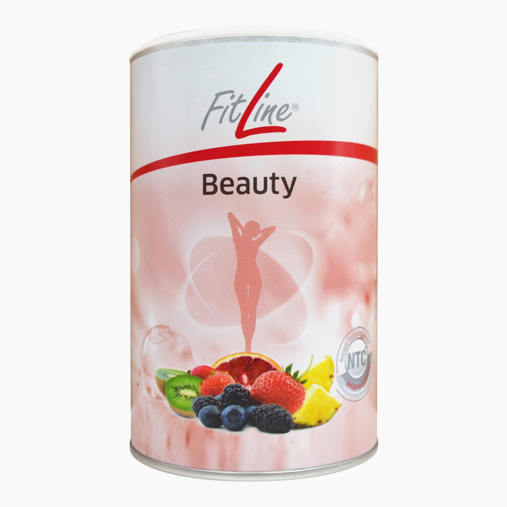 Dose mit Schrift Beauty und Abbildung aus Beeren, Kiwi, Zitrone, Ananas und Grapefruit