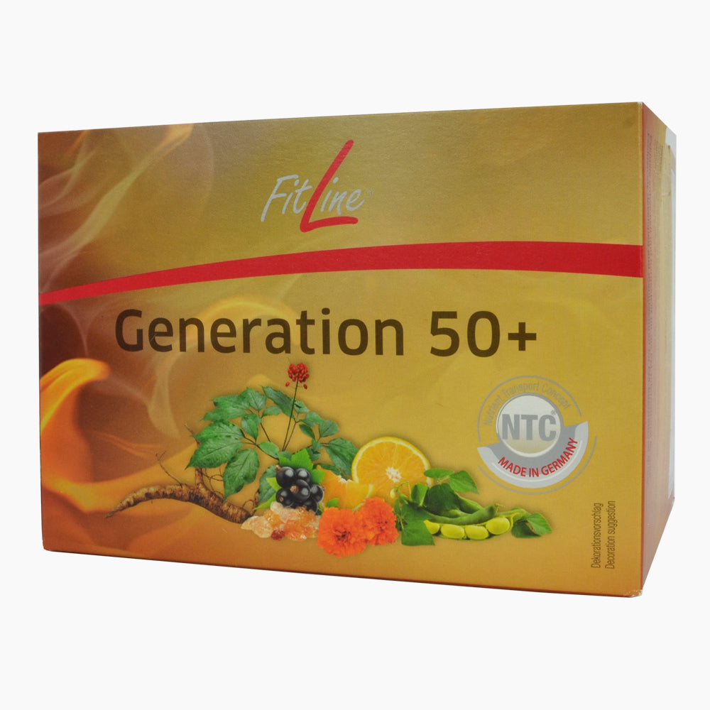 Gelbe Faltschachtel FitLine Generation 50+ mit Abbildung Pflanze, Beeren, Orangenscheibe und Blüte