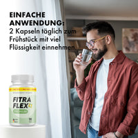 Thumbnail for Mann trinkt Wasser neben Fitraflex+ Premium Dose mit Hinweis zur Einnahme von 2 Kapseln täglich