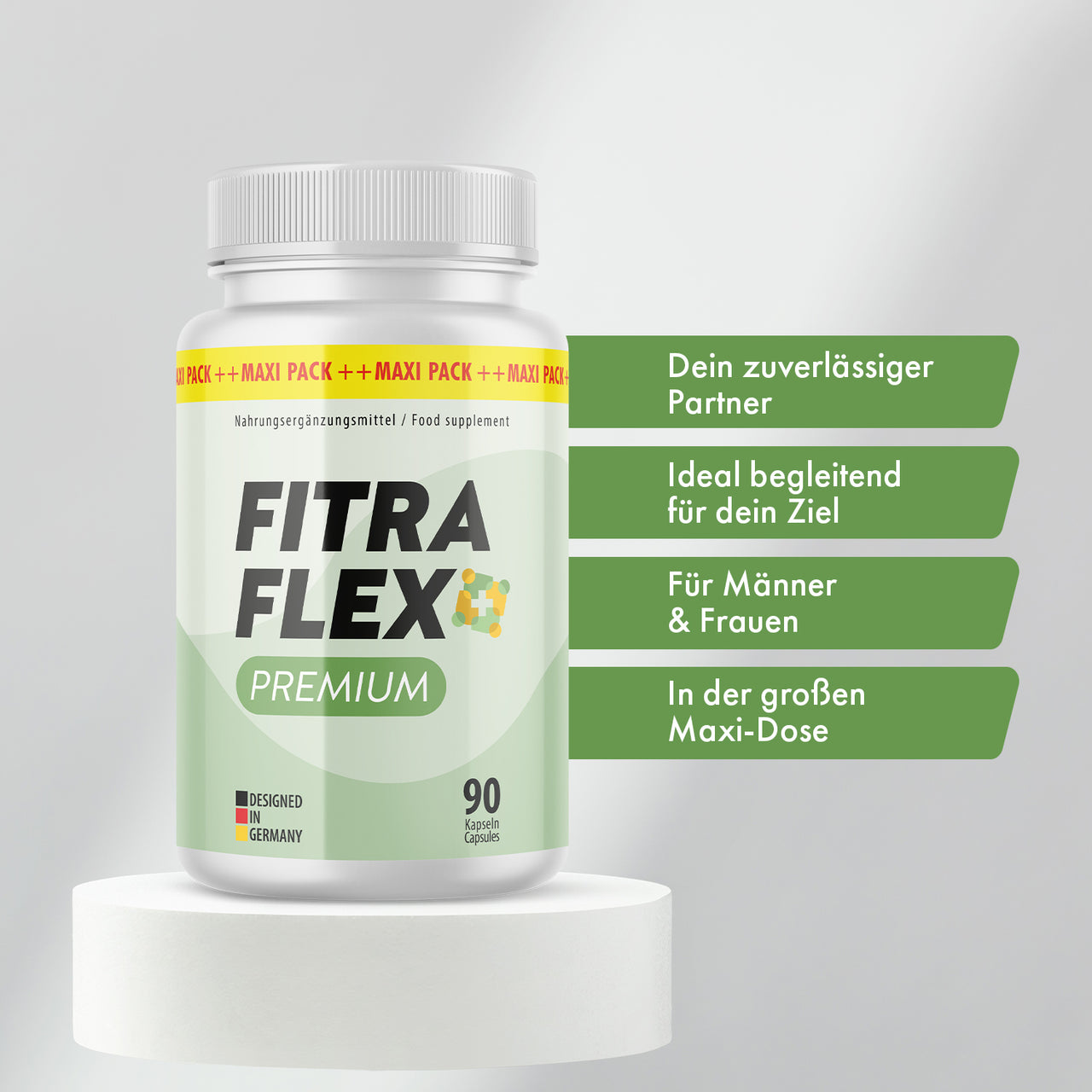 Fitraflex+ Premium Dose mit 90 Kapseln auf weißem Podest und grünen Produktmerkmalen daneben