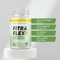 Thumbnail for Fitraflex+ Premium Dose mit 90 Kapseln auf weißem Podest und grünen Produktmerkmalen daneben