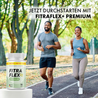 Thumbnail for Fitraflex+ Premium Dose vor zwei joggenden Personen mit Text Jetzt durchstarten sichtbar im Park