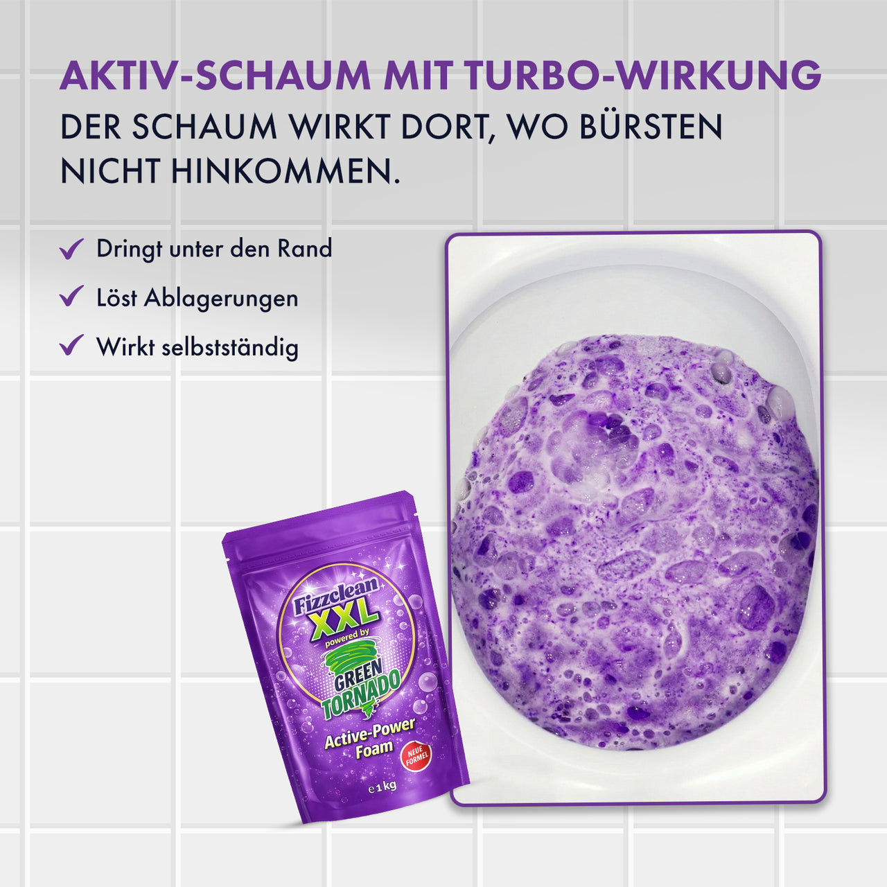 WC mit violettem Schaum und Fizzclean XXL Green Tornado Active-Power Foam 1 kg