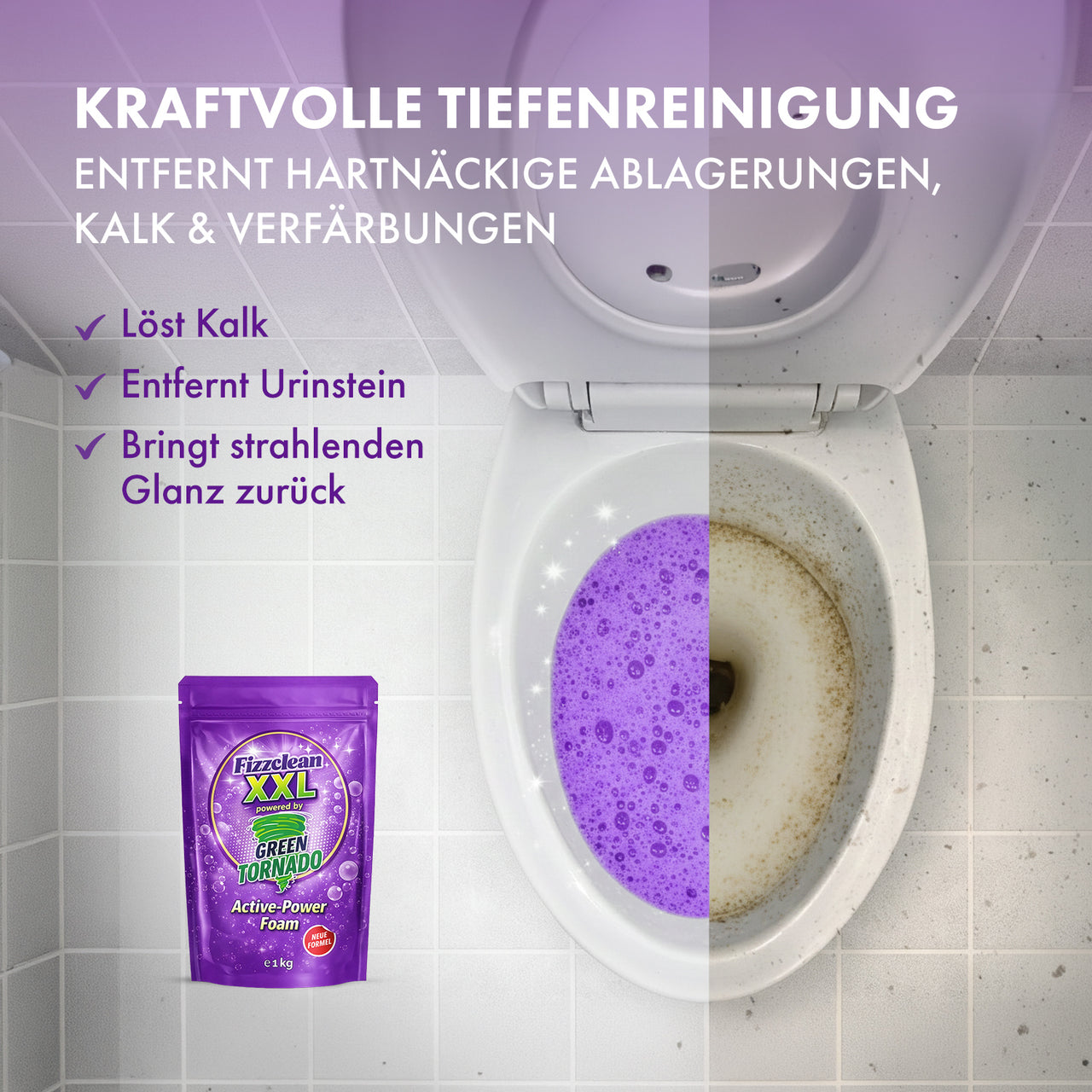 WC Vorher-Nachher mit violettem Schaum und Fizzclean XXL Green Tornado 1 kg