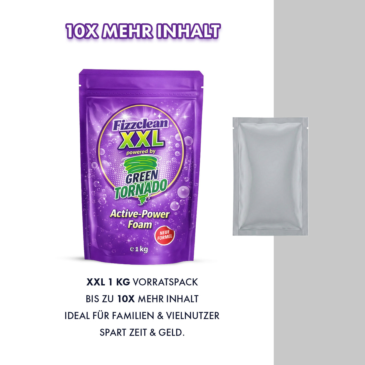 Fizzclean XXL powered by Green Tornado Active-Power Foam 1 kg neben kleinem Beutel