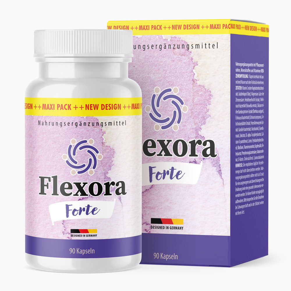 Flexora Forte Dose mit 90 Kapseln vor passender Faltschachtel mit violettem Design