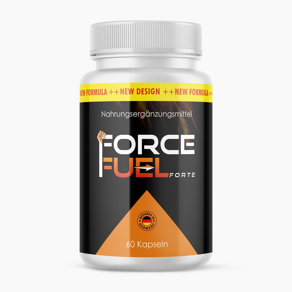 Weiße Dose Force Fuel Forte mit schwarzem Etikett und Angabe von 60 Kapseln auf dem Etikett