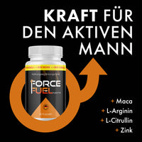 Thumbnail for Force Fuel Forte in weißer Dose mit Werbetext, Pfeilsymbol und sichtbaren Zutaten auf schwarzem Hintergrund