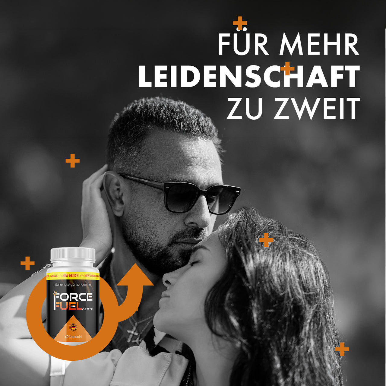 Force Fuel Forte neben umarmendem Paar mit sichtbarem Werbetext und Pfeilsymbol im Bild