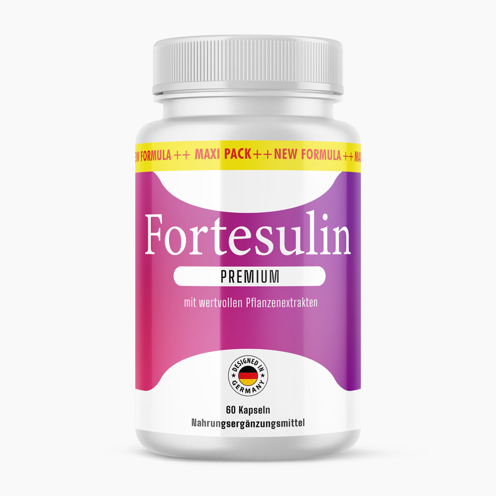 Kunststoffdose mit violett-rosa Etikett Fortesulin Premium Nahrungsergänzungsmittel 60 Kapseln