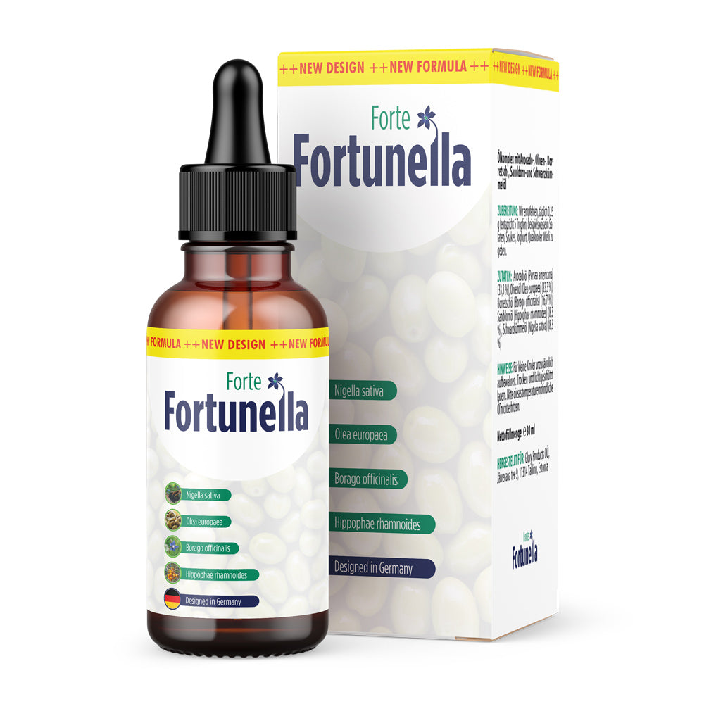 Flasche mit Pipette und Aufdruck Forte Fortunella vor weißer Faltschachtel mit grünen Textfeldern abgebildet