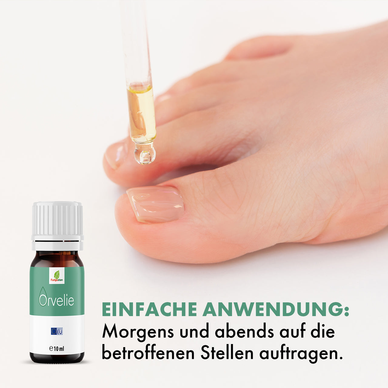 Pipette mit gelber Flüssigkeit über Zehennagel neben Orvelie Flasche und Anwendungstext