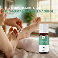 Thumbnail for Person trägt Nagelöl auf Fußnagel auf neben Fungustan Orvelie Flasche mit 10 ml