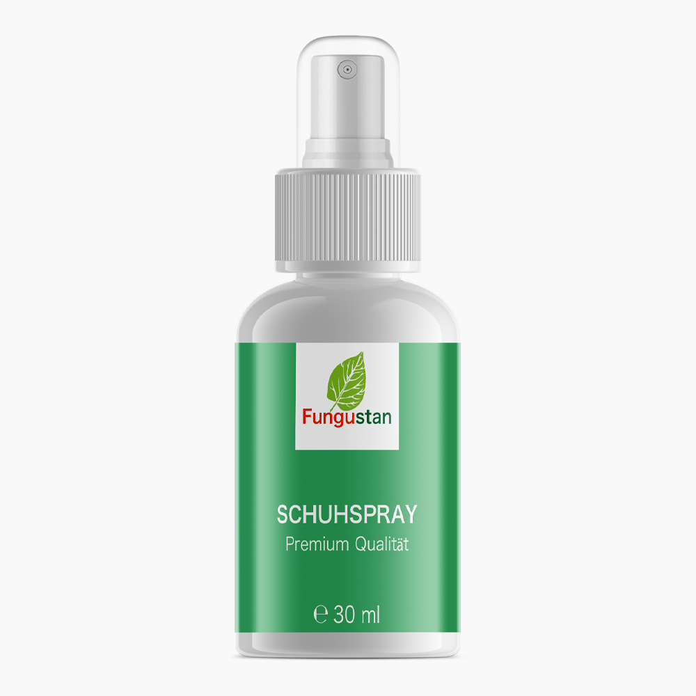 Flasche mit Sprühkopf und grünem Etikett Fungustan Schuhspray Premium Qualität, 30 ml