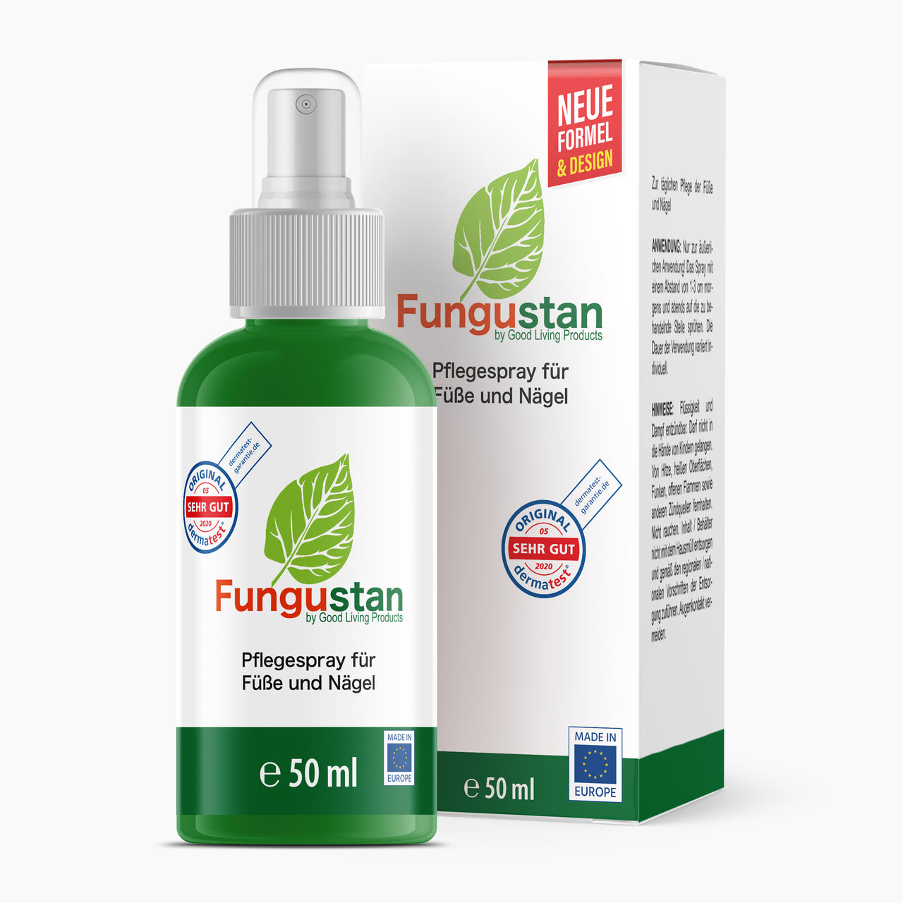 Grüne 50 ml Kunststoffflasche Fungustan mit Sprühkopf und Umkarton für Fuß- und Nagelpflege