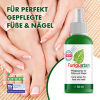 Thumbnail for Fungustan Pflegespray vor gepflegten Füßen und Nägeln mit Qualitätssiegeln und Bewertungen
