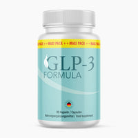Thumbnail for Weiße Dose GLP-3 Formula mit türkisfarbenem Etikett, gelbem Maxi-Pack-Streifen und 90 Kapseln