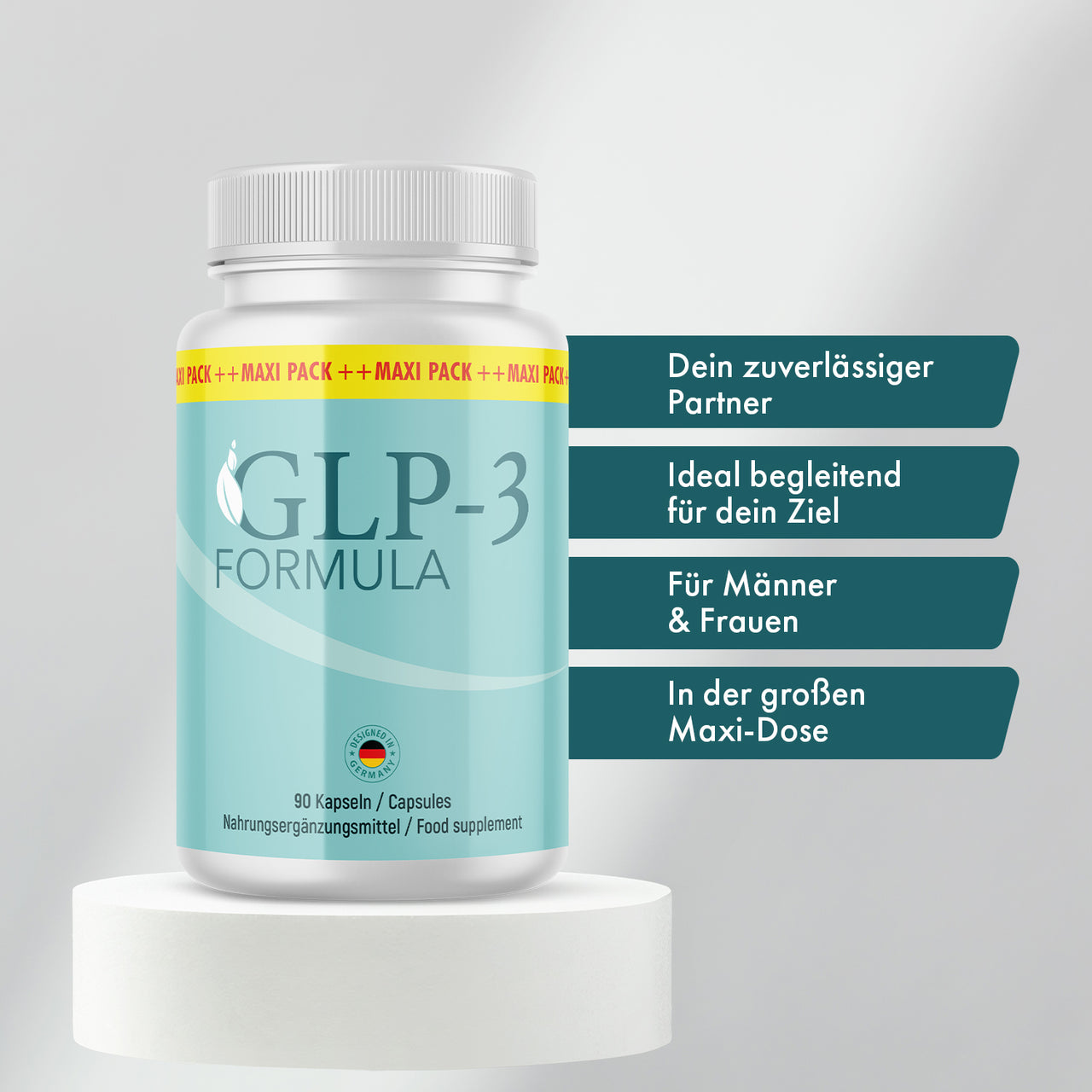 Weiße GLP-3 Formula Dose auf rundem Podest, daneben vier türkisfarbene Infokästen rechts sichtbar