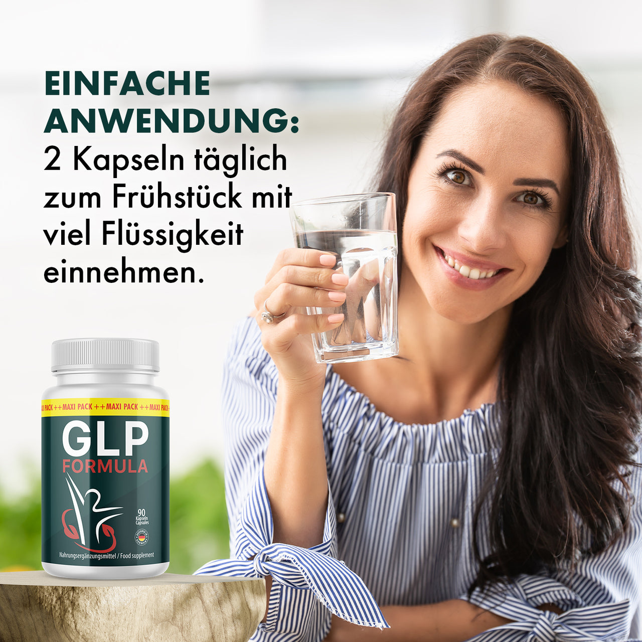 GLP Formula Forte Anwendungshinweis mit Frau, Wasserglas und Dose: 2 Kapseln täglich zum Frühstück