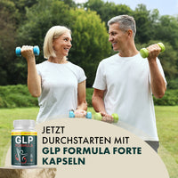 Thumbnail for Paar trainiert draußen mit Hanteln, daneben GLP Formula Forte Kapseln und Produktbotschaft