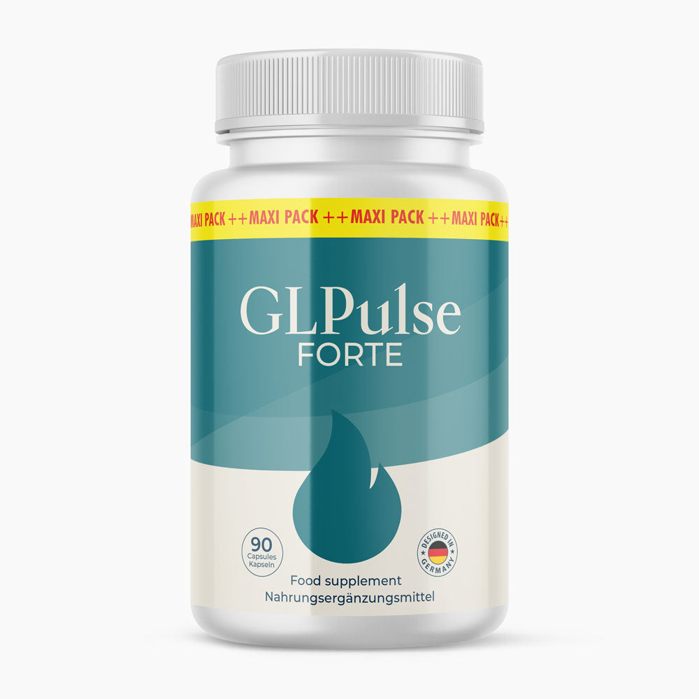 GLPulse Forte Nahrungsergänzung mit 90 Kapseln im modernen türkis-weißen Design.