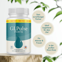 Thumbnail for GLPulse Forte Produktbild mit vier hervorgehobenen Vorteilen auf hellem Hintergrund.