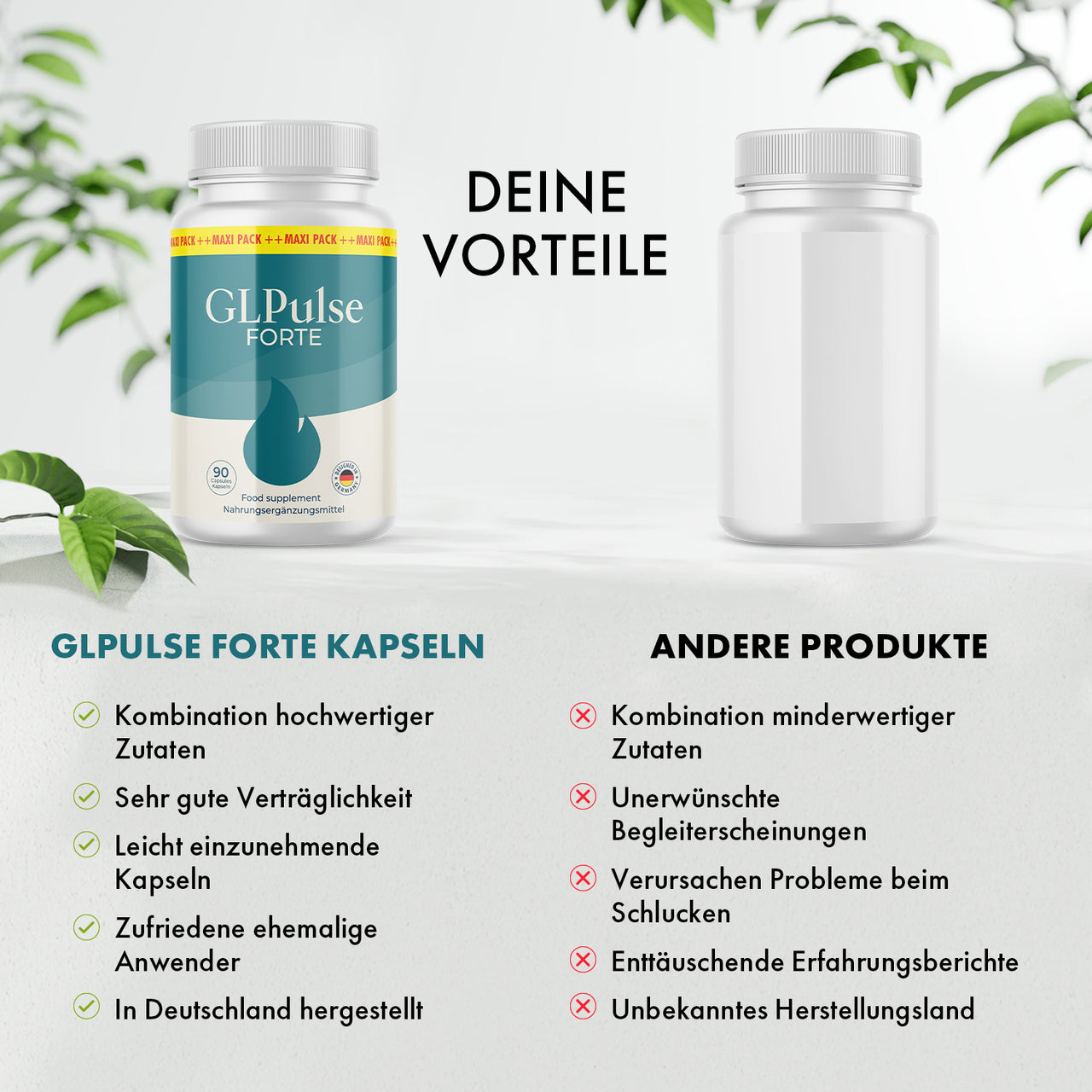 GLPulse Forte wird einer neutralen Dose mit Vorteilen und Nachteilen gegenübergestellt