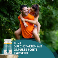 Thumbnail for Paar im Grünen, Person trägt andere auf dem Rücken, daneben GLPulse Forte und Werbetext zu Kapseln