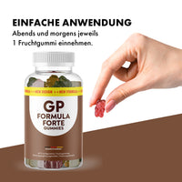 Thumbnail for Hand hält Fruchtgummi neben GP Formula Forte Gummies mit sichtbarem Einnahmehinweis zur Anwendung morgens