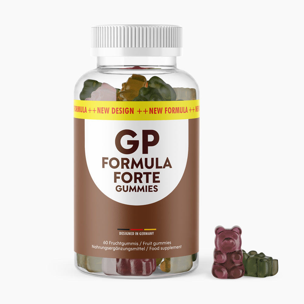 Transparente Dose GP Formula Forte Gummies mit Fruchtgummis und Angabe von 60 Fruchtgummis sichtbar