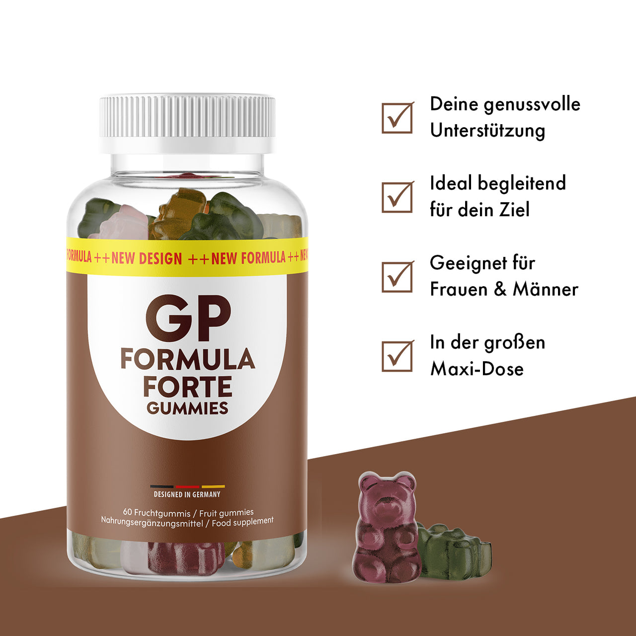 GP Formula Forte Gummies in transparenter Dose mit Infopunkten und sichtbaren Fruchtgummis davor