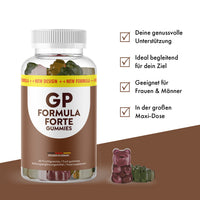 Thumbnail for GP Formula Forte Gummies in transparenter Dose mit Infopunkten und sichtbaren Fruchtgummis davor