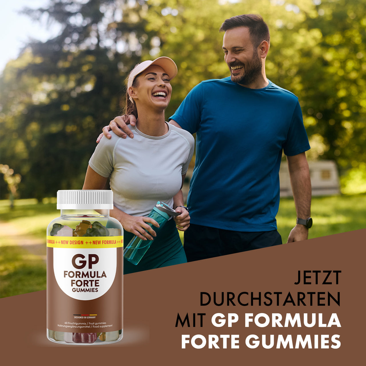GP Formula Forte Gummies neben  Paar im Park mit sichtbarem Werbetext zum Produkt