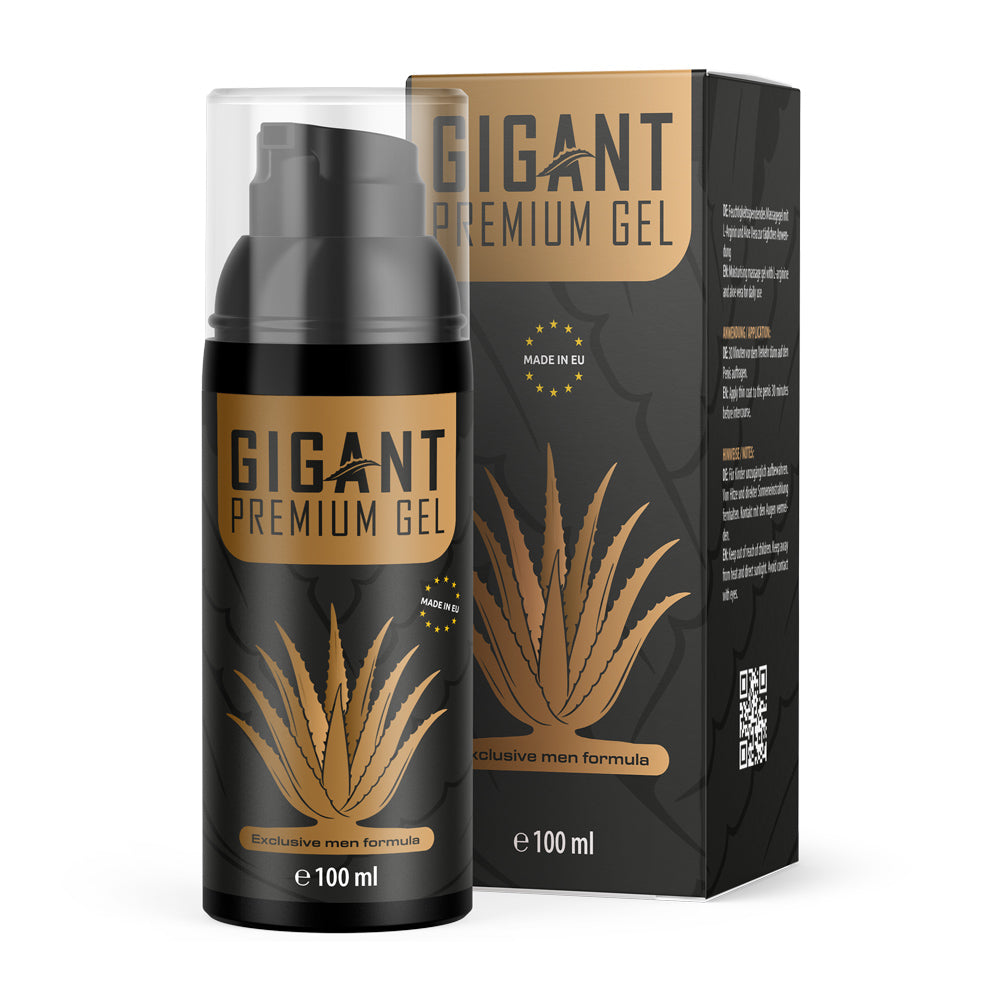 Schwarze 100-ml-Flasche Gigant Premium Gel mit goldener Aloe-Vera-Grafik und Karton