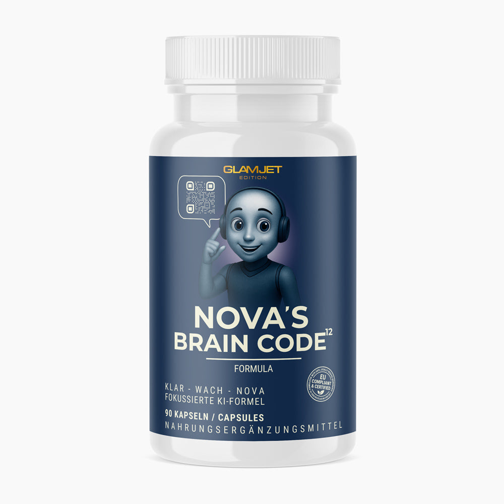 Weiße Kunststoffdose mit Schrift NOVA’S BRAIN CODE und KI-Figur auf dunkelblauem Etikett