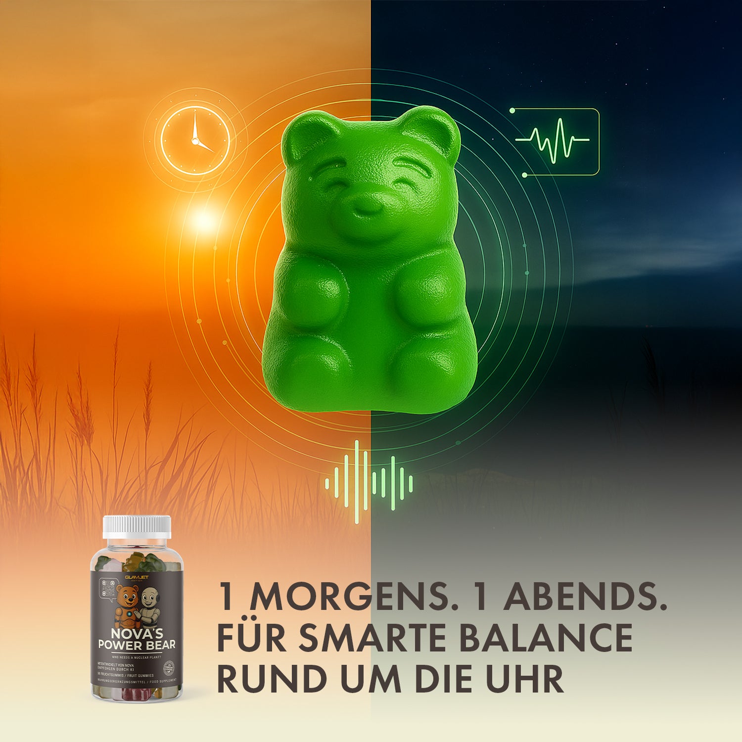 Nahrungsergänzung in Bärenform mit Tag-Nacht-Design für smarte tägliche Einnahme