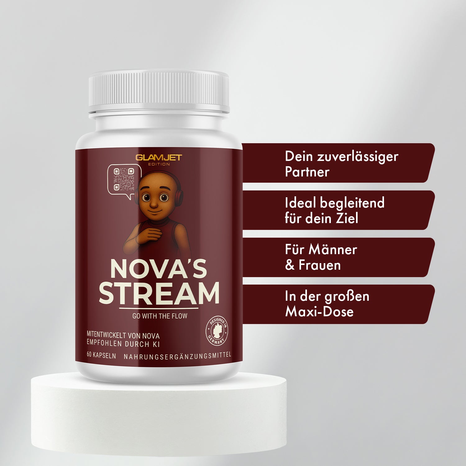 Weiße Kunststoffdose mit Etikett NOVA’S STREAM auf Podest und Textfeldern mit Werbebotschaften