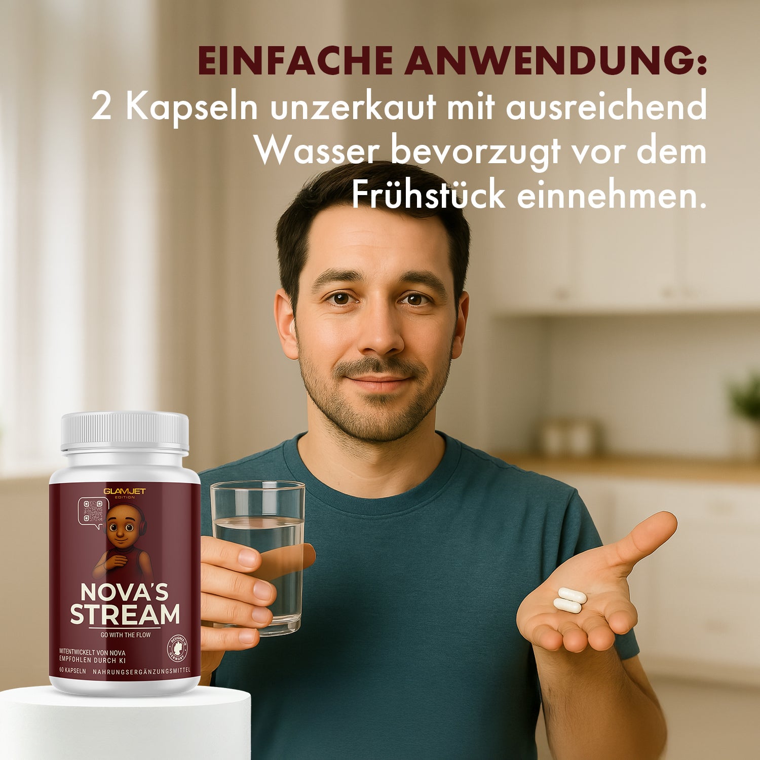 Mann mit Kapseln in offener Hand und Glas Wasser, daneben Dose NOVA’S STREAM im Vordergrund