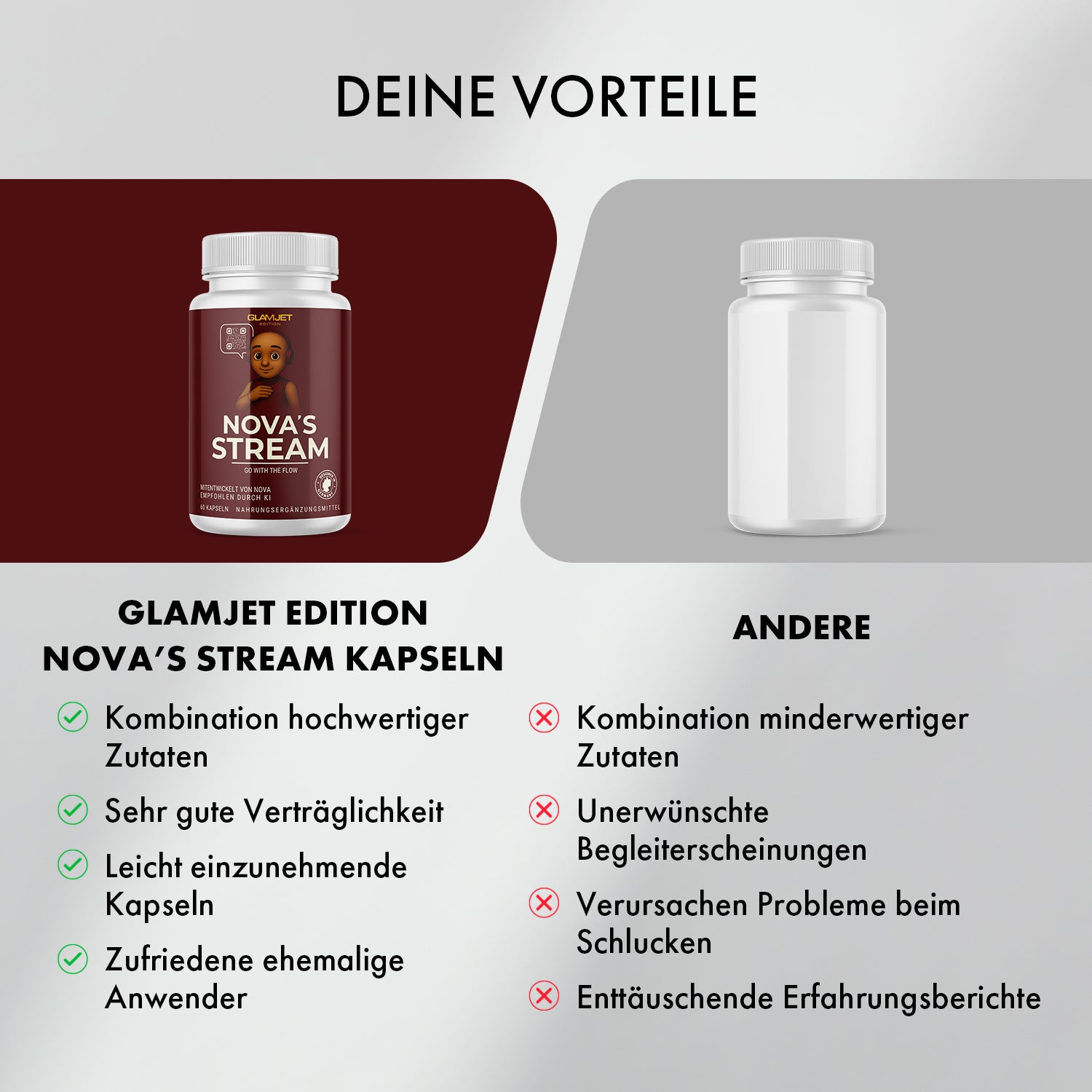 Vergleich von NOVA’S STREAM Dose mit Vorteilen und weißer Dose mit Nachteilen nebeneinander