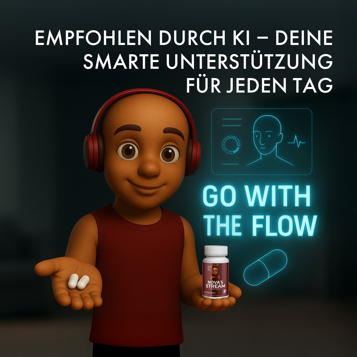 Animierte Figur mit Kopfhörern hält zwei Kapseln und NOVA'S STREAM mit Text „Go with the Flow“