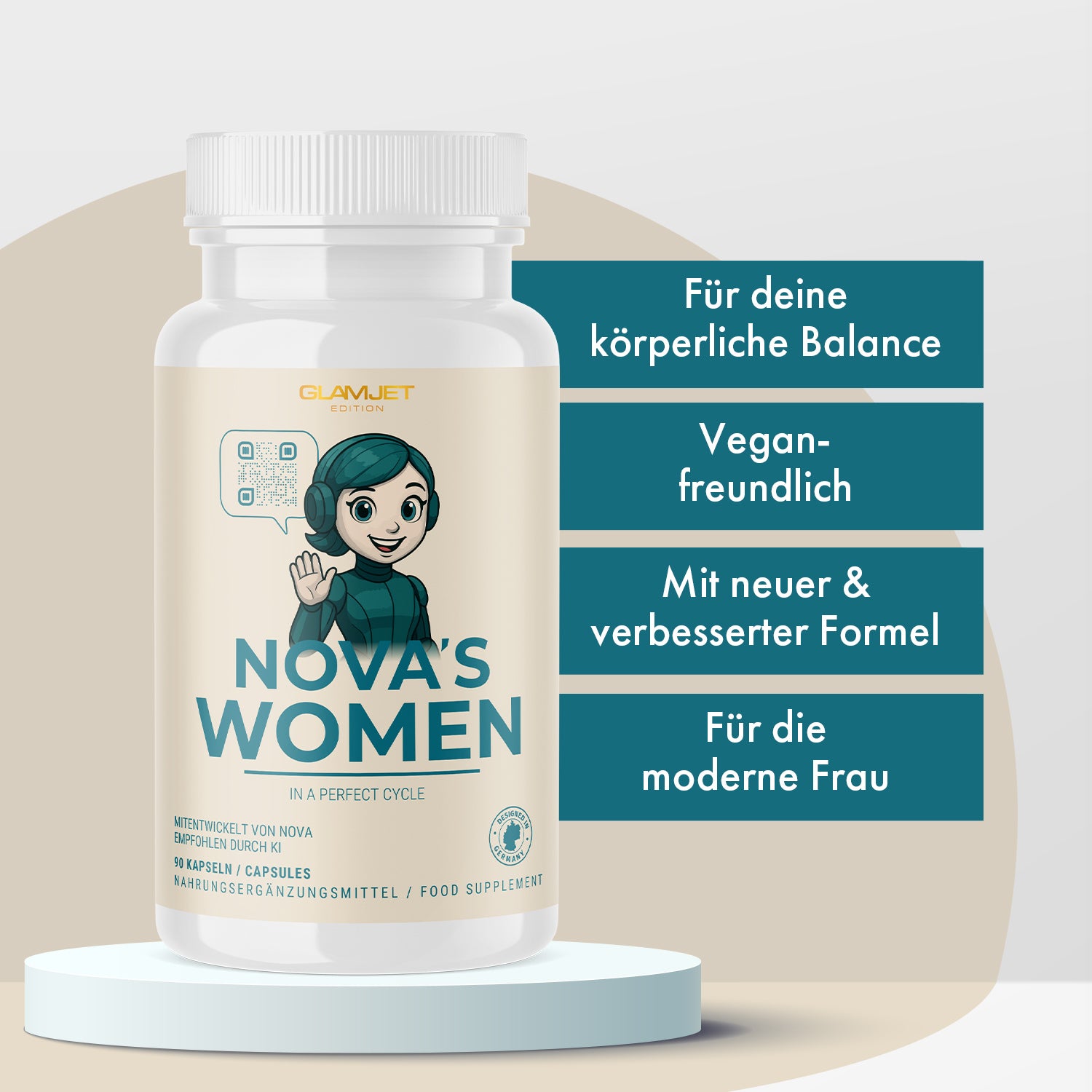 Weiße Dose NOVA'S WOMEN mit weiblicher Figur daneben vier blaue Infotexte