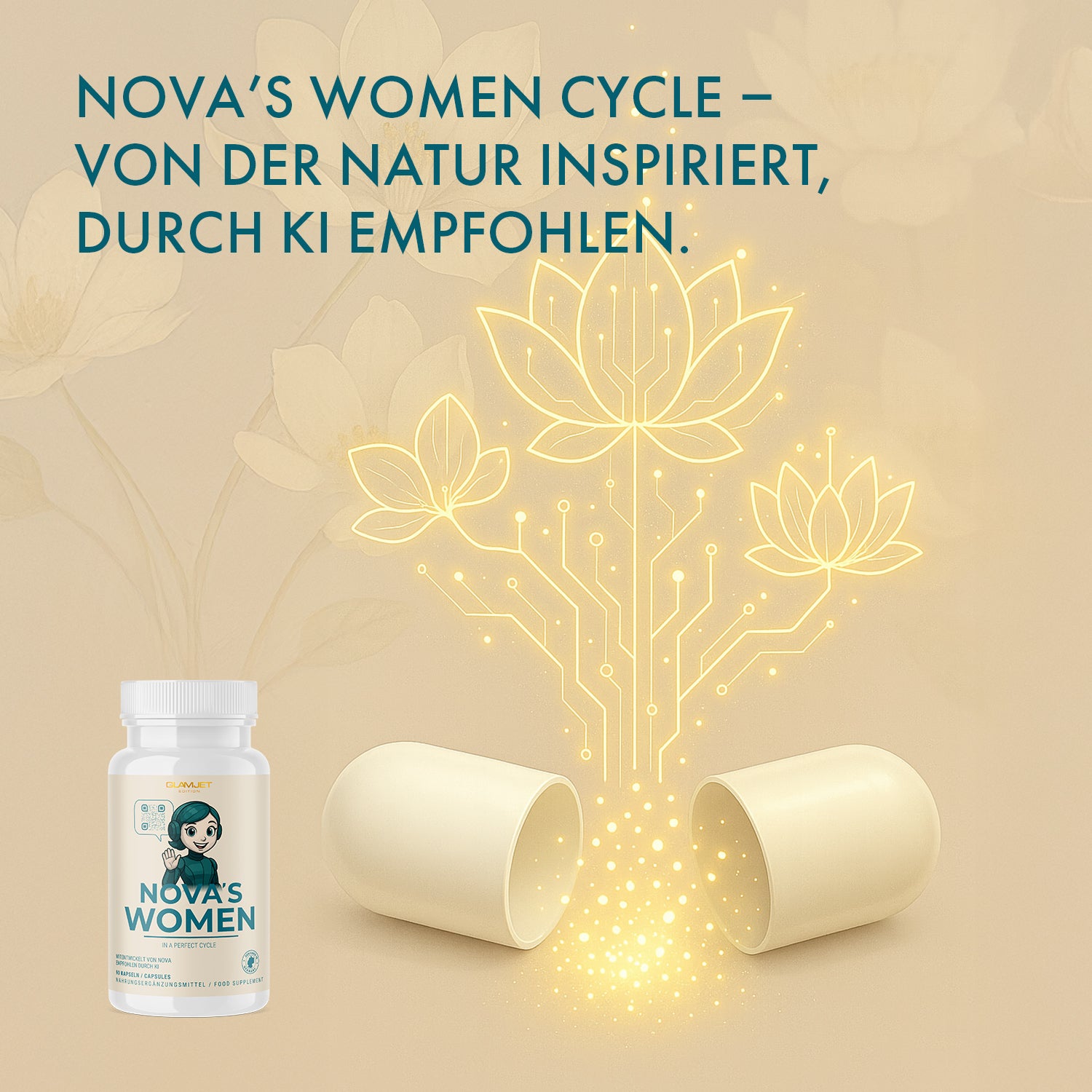 Dose NOVA'S WOMEN neben geöffneter Kapsel mit gelber Lichtgrafik in Blütenoptik