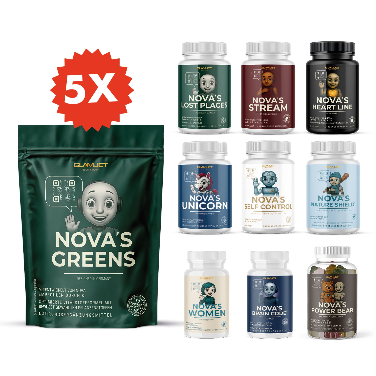 Set aus NOVA’S Produkten 5X Edition mit NOVA’S GREENS Beutel und mehreren Dosen verschiedener Sorten