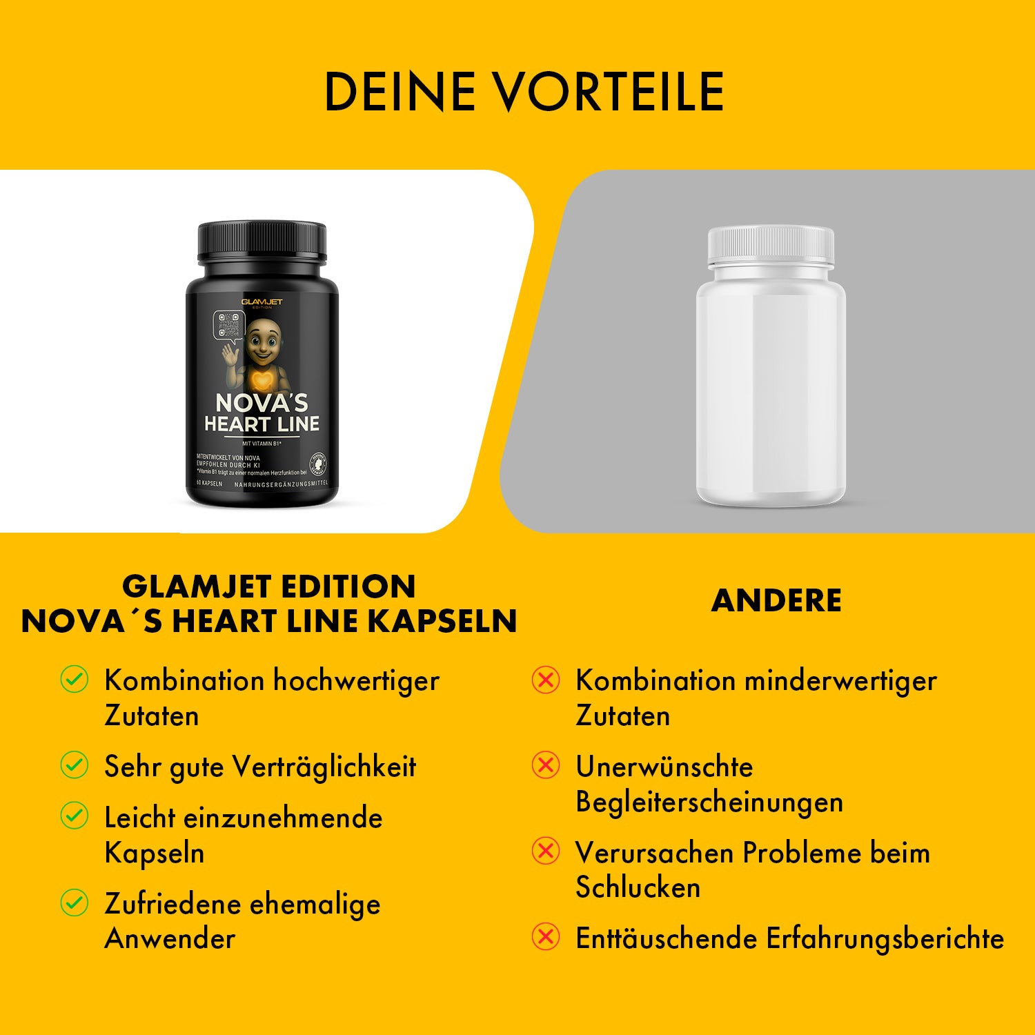 Vergleich schwarze Dose NOVA'S HEART LINE mit 60 Kapseln neben weißer Dose ohne Etikett