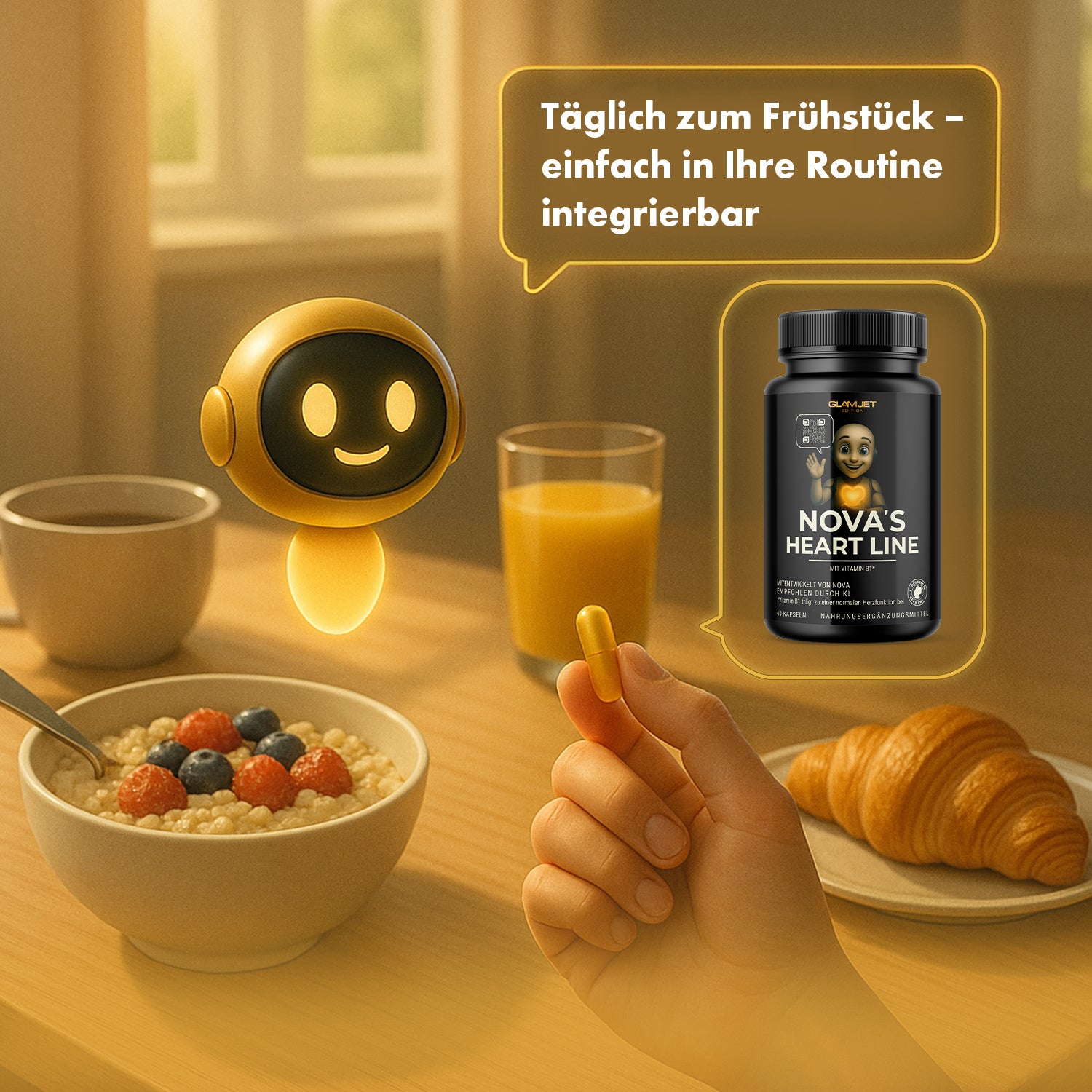 Hand hält Kapsel vor Frühstück mit Müsli Saft Croissant und Dose Nova’s Heart Line auf dem Tisch